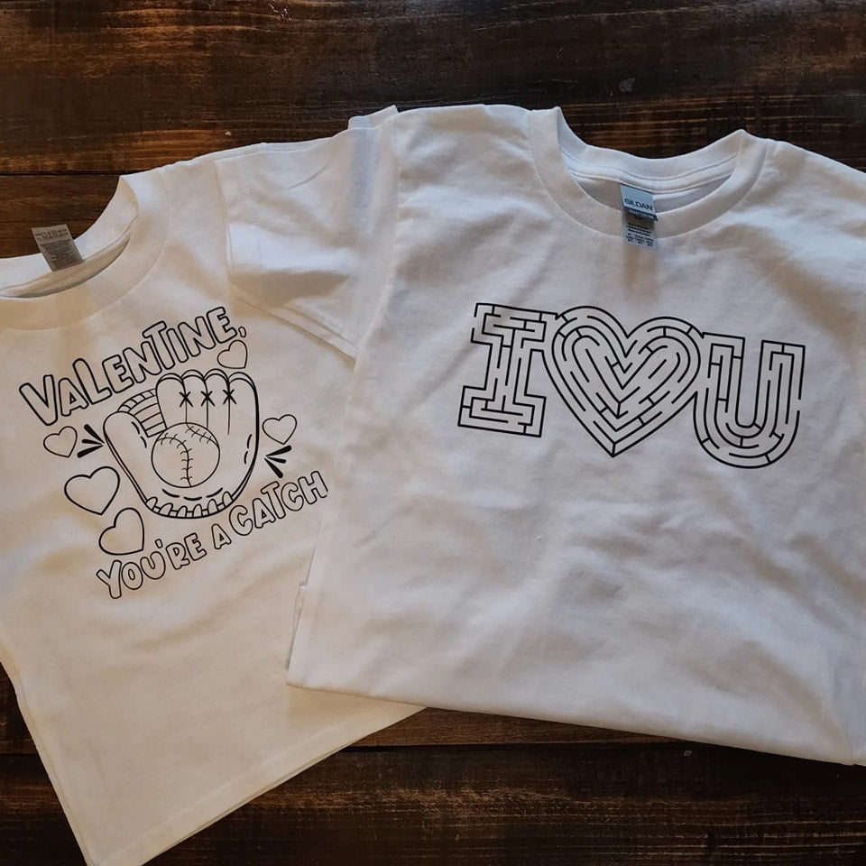 Valentine Coloring tees (baseball & I heart you)